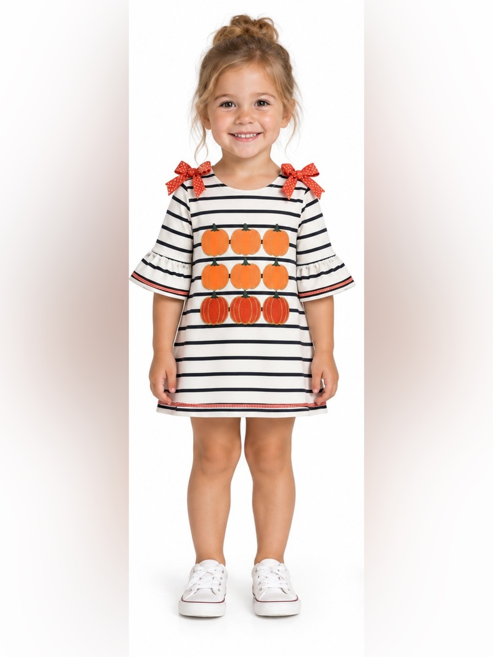 Goodlad Toddler Girls 3T Pumpkin Dress Stripe Flutter Sleeve Shoulder Bows Fall